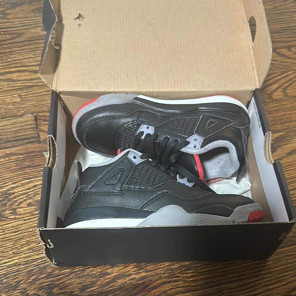 Jordan 4s kids Black and Gray Sneakers with Red Accents